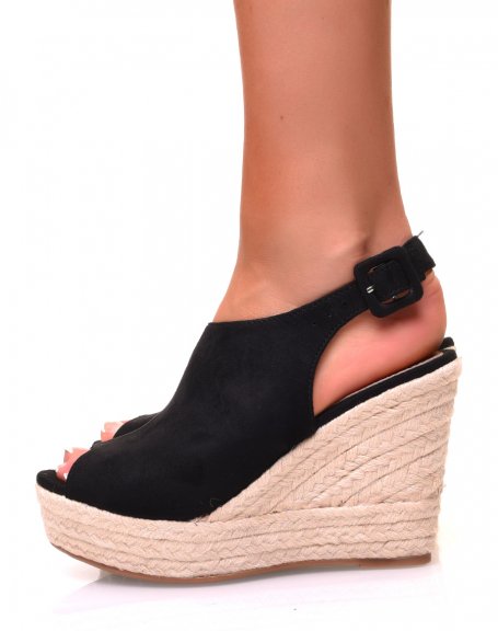 Black suedette sandals with openwork front and wedge heels