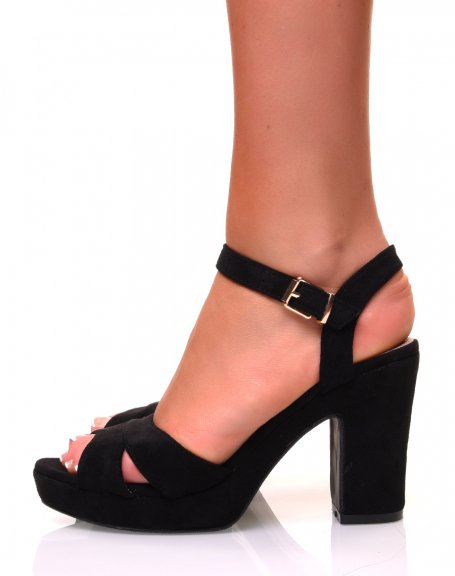 Black suedette sandals with small square heels