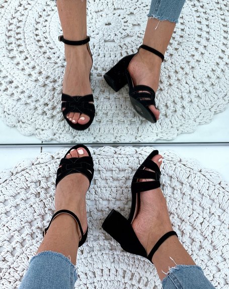 Black suedette sandals with small square heels and wide fancy straps