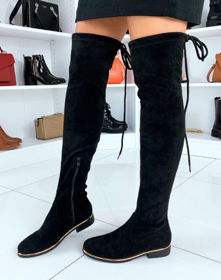 Black suedette thigh-high boots with gold detail