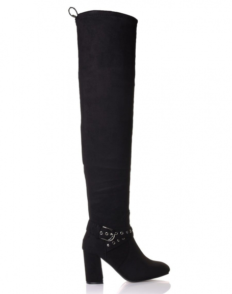 Black suedette thigh-high boots with studded straps
