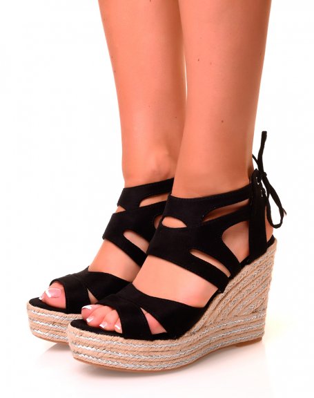 Black suedette wedge sandals with silver details and laces