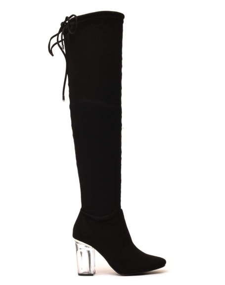 Black thigh-high boots with transparent heel