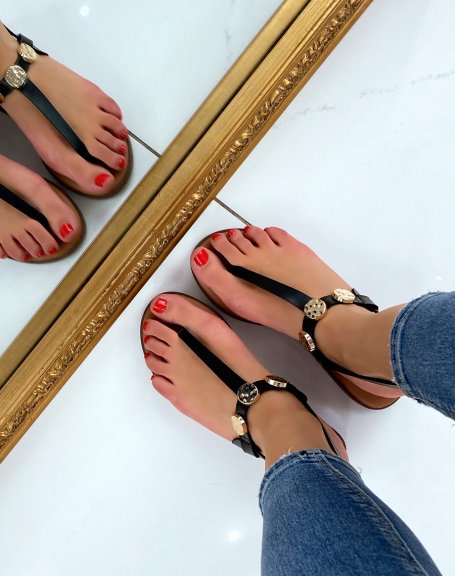 Black toe-toe sandals with gold detail