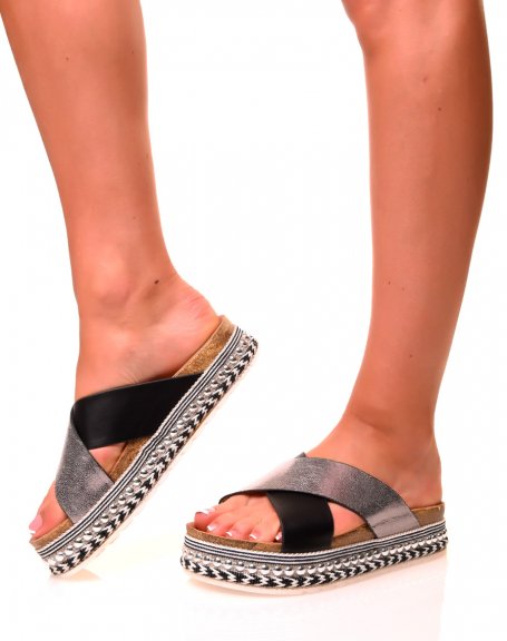 Black wedge heel sandals with details