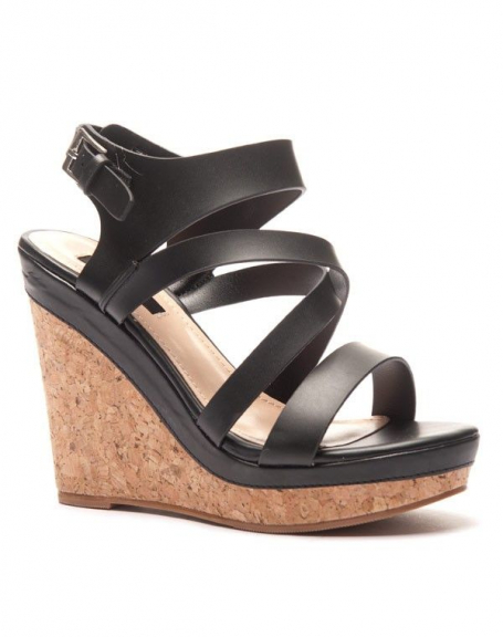 Black wedge sandal with cork style heel