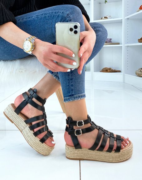 Black wedge sandals with multiple straps