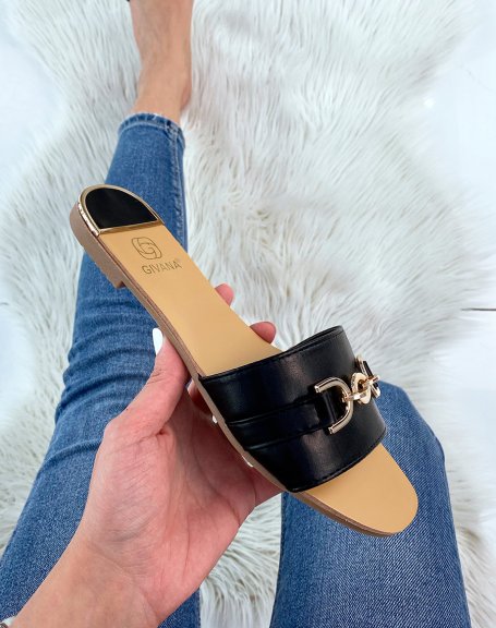 Black wide strap mules with gold detail