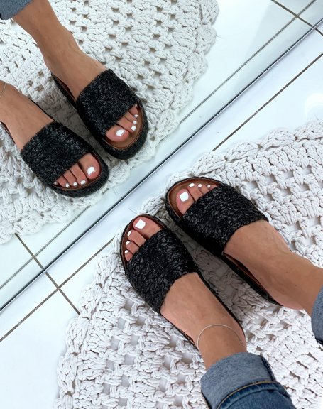 Black woven wicker slingback and platform mules