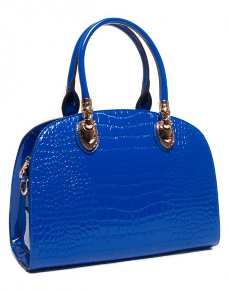 Blue croco patent bag with gold metallic details
