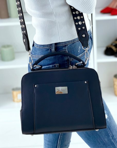 Blue Double Pocket Satchel Style Handbag