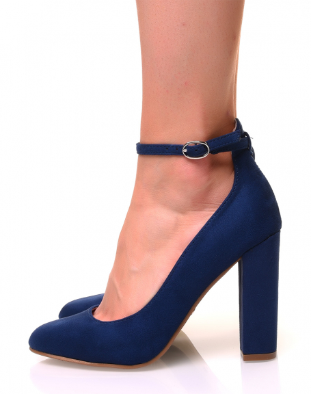 Blue suedette pumps with square high heels