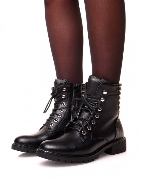 Boots bi-matire noirs effets croco  lacets