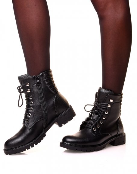 Boots bi-matire noirs effets croco  lacets