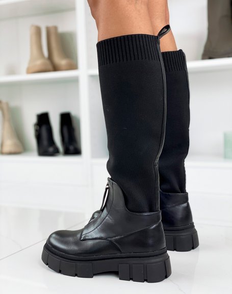 Bottes noires bi-matires effet chaussette zipes  semelle crante