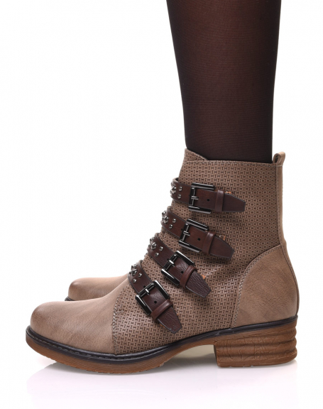 Bottines taupe  multiples sangles cloutes