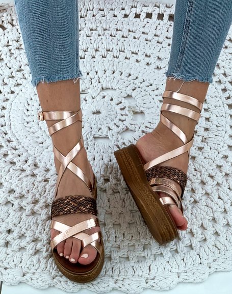 Bronze leather sandals with platform soles and laces