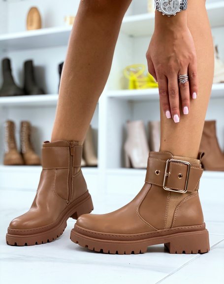 Brown ankle boots with thick and golden strap