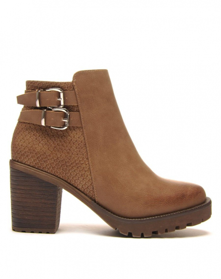 Brown bi-material ankle boot with thick heels FM510