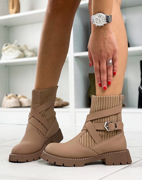 Brown criss-cross sock-effect ankle boots