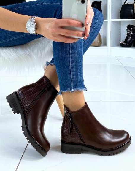 Brown croc-effect bi-material ankle boots