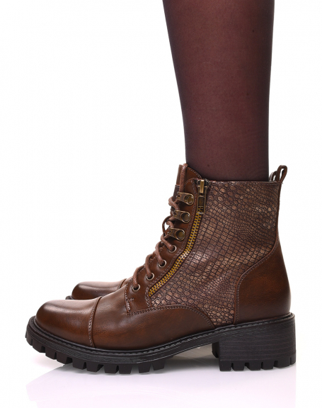 Brown high ankle boots with laces and gold croco effect