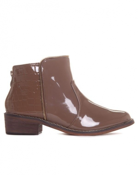 Brown patent and crocodile ankle boots