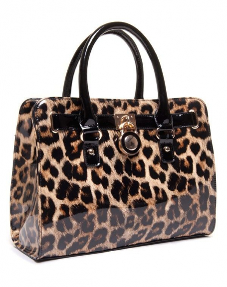 Brown patent leopard handbag with gold metallic padlock
