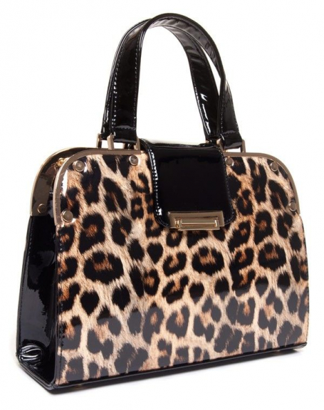 Brown patent leopard handbag with metallic details