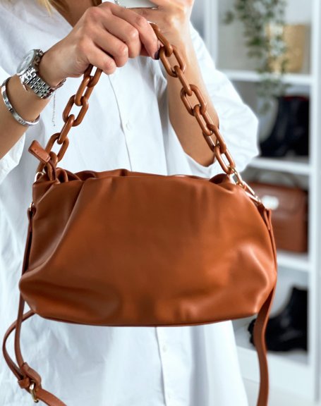 Brown satchel-shaped handbag with fake chains