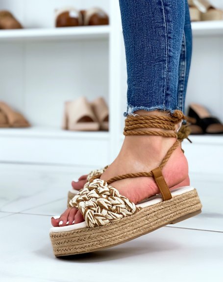 Brown wedge sandals with thick braided lace-up strap