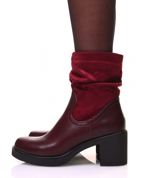 Burgundy ankle boots with bi-material heel