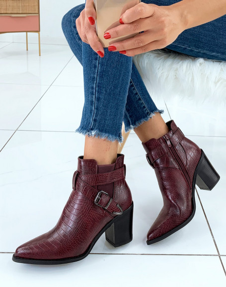 Burgundy ankle boots with croc-effect heels and double straps