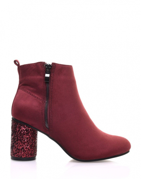 Burgundy ankle boots with round and glitter heels