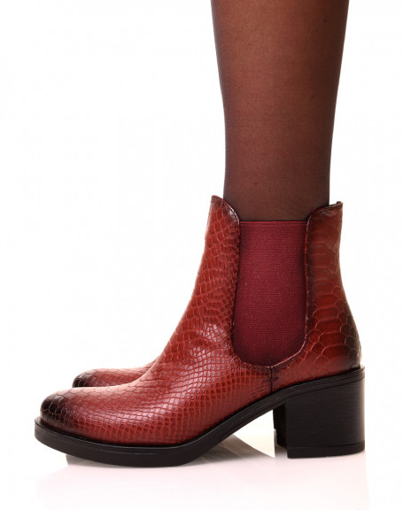 Burgundy croc-effect ankle boots