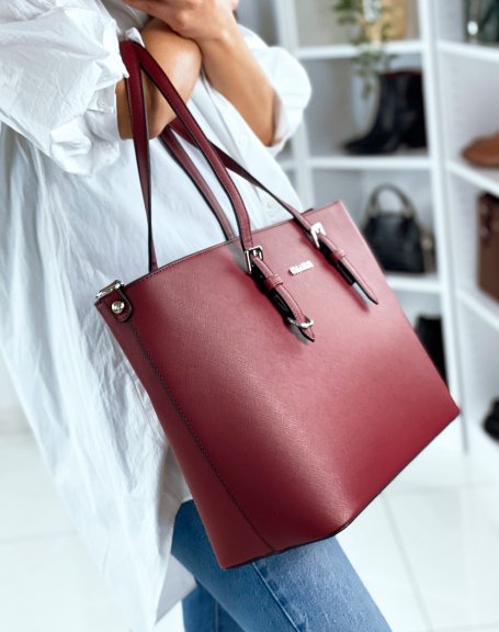 Burgundy faux leather tote handbag