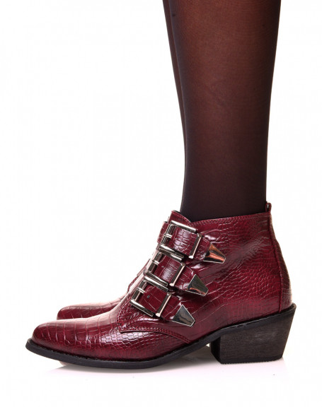 Burgundy heeled cowboy boots with multiple croc-effect strap
