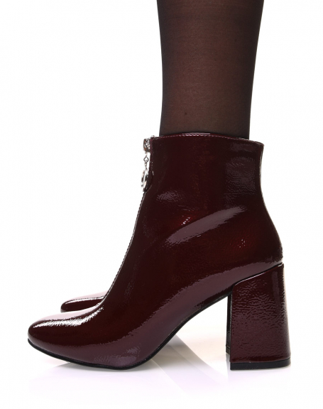 Burgundy patent grained heel ankle boots