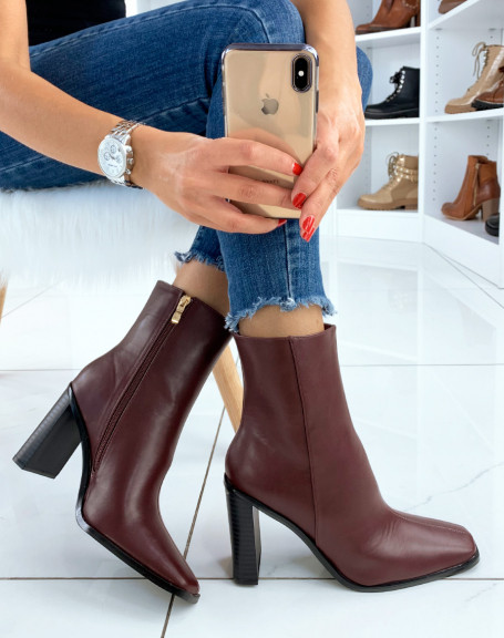 Burgundy square toe heeled ankle boots