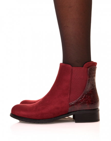 Burgundy suedette ankle boots with croc effect