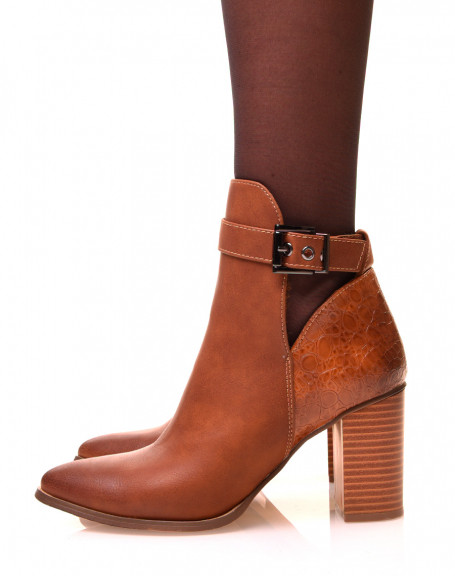 Camel ankle boots with bi-material pointed toe and heels