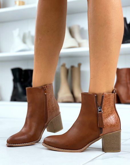 Camel ankle boots with croc-effect bi-material square heels