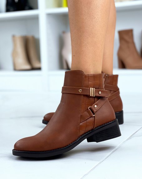 Camel ankle boots with croc-effect straps