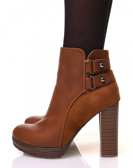 Camel ankle boots with high bi-material heels