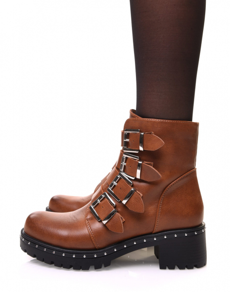 Camel ankle boots with multiple straps and studded sole