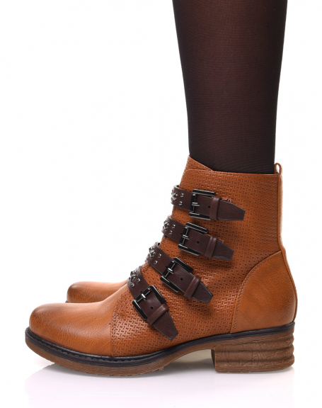 Camel ankle boots with multiple studded straps