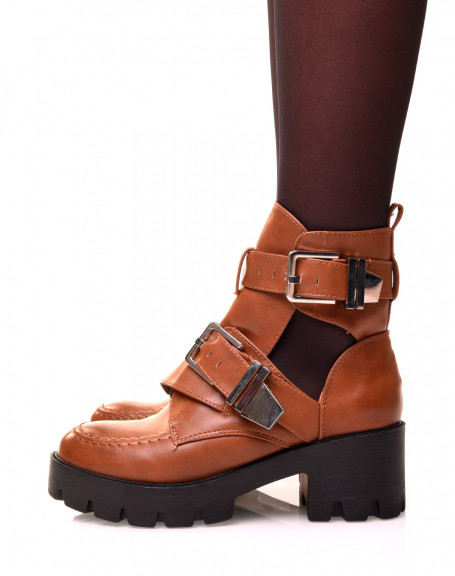 Camel ankle boots with openwork openwork buckles