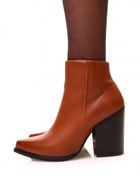 Camel ankle boots with square heel and pointed toe