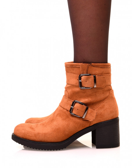 Camel ankle boots with square heels in suede with straps