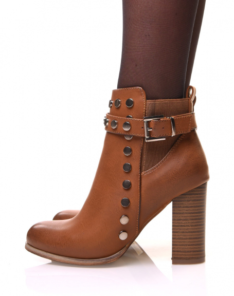 Camel ankle boots with strap, studded details and heels